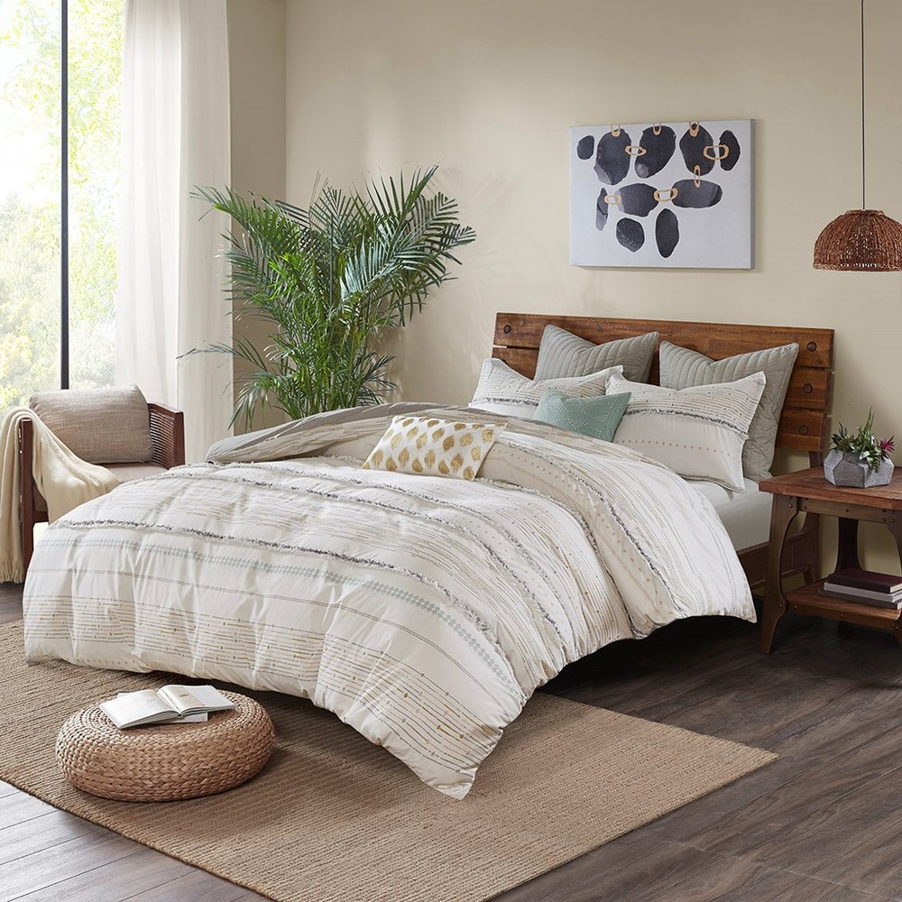 Set of Three Off White And Gray Striped King Ring Stitch Sham And Comforter
