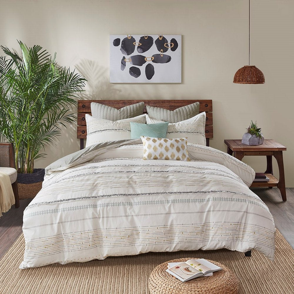 Set of Three Off White And Gray Striped King Ring Stitch Sham And Comforter
