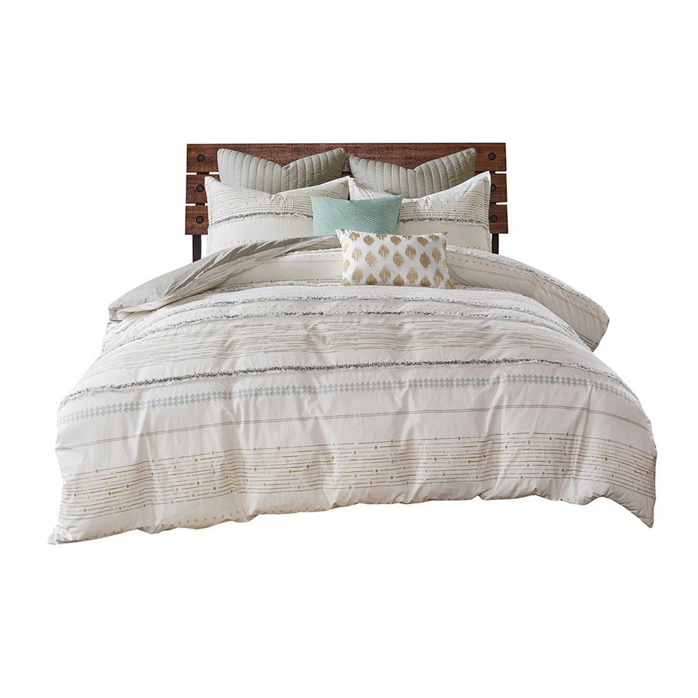 Set of Three Off White And Gray Striped King Ring Stitch Sham And Comforter