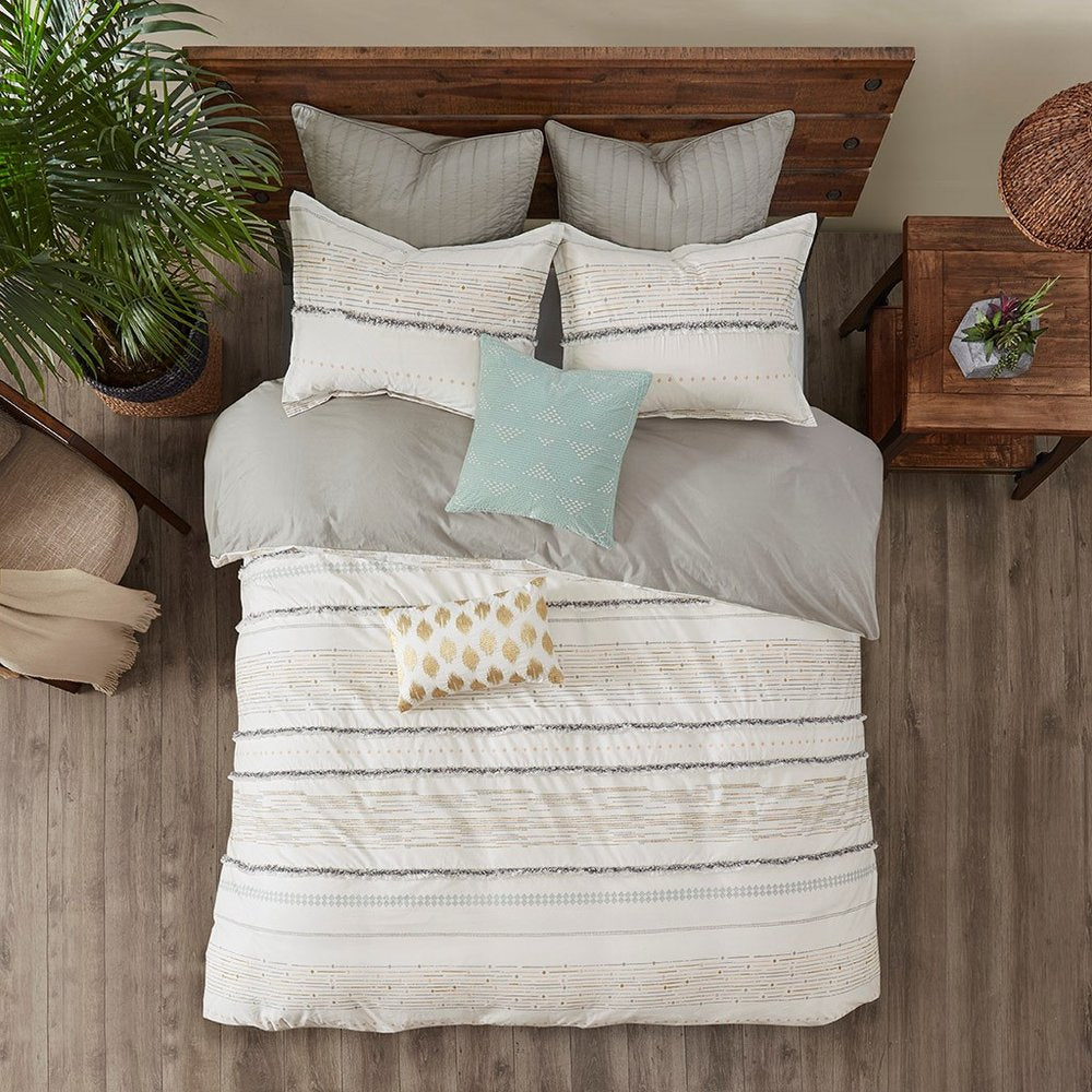 Set of Three Off White And Gray Striped King Ring Stitch Sham And Comforter
