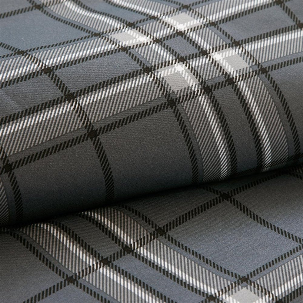 Set of Five Gray And White Plaid Queen Ring Stitch Polyester Sham And Comforter