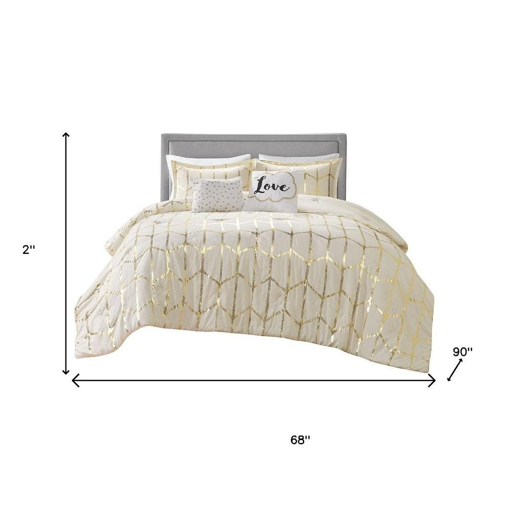 Set of Four Gold And Ivory Geometric Ring Stitch Polyester Sham And Comforter
