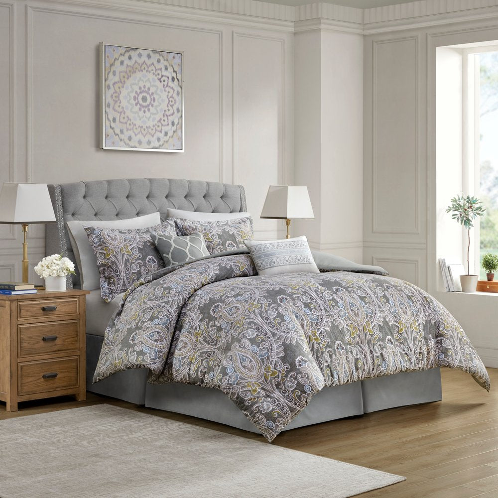 Set of Six Gray And Ivory Damask King Ring Stitch Sham And Comforter