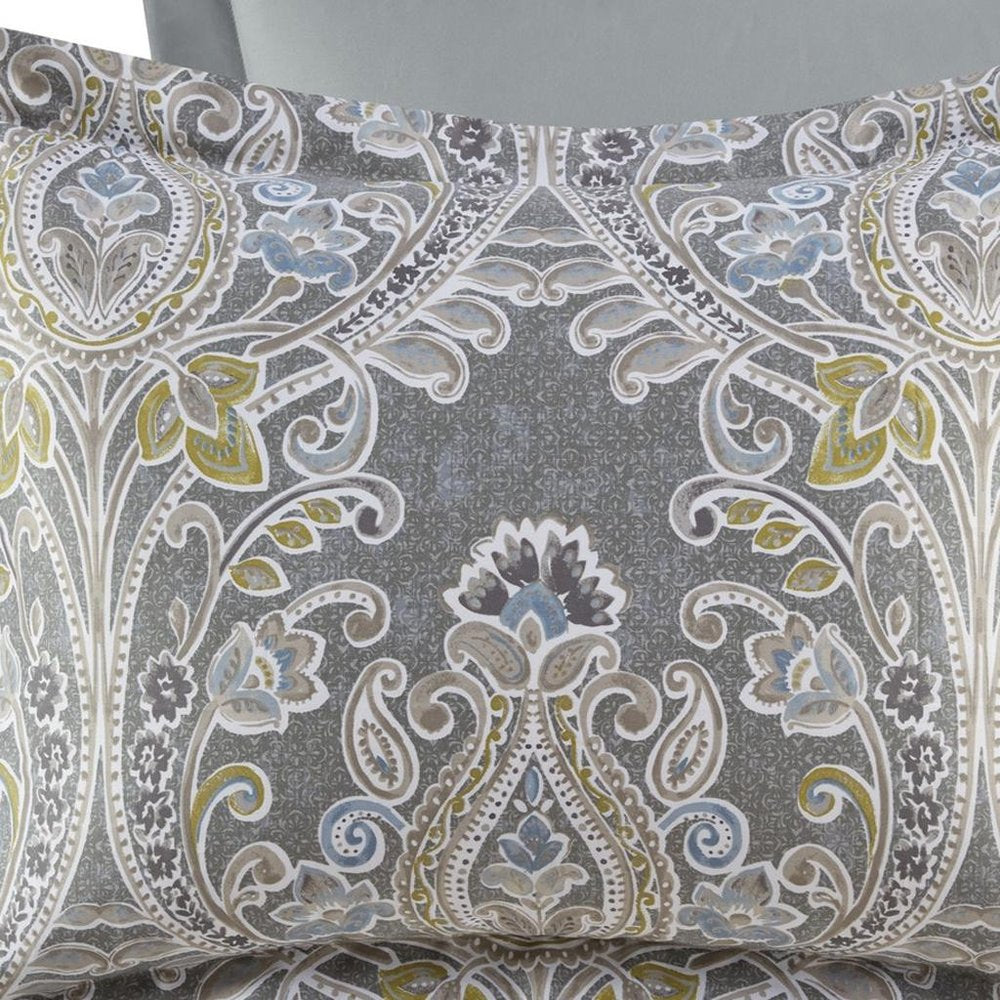Set of Six Gray And Ivory Damask King Ring Stitch Sham And Comforter