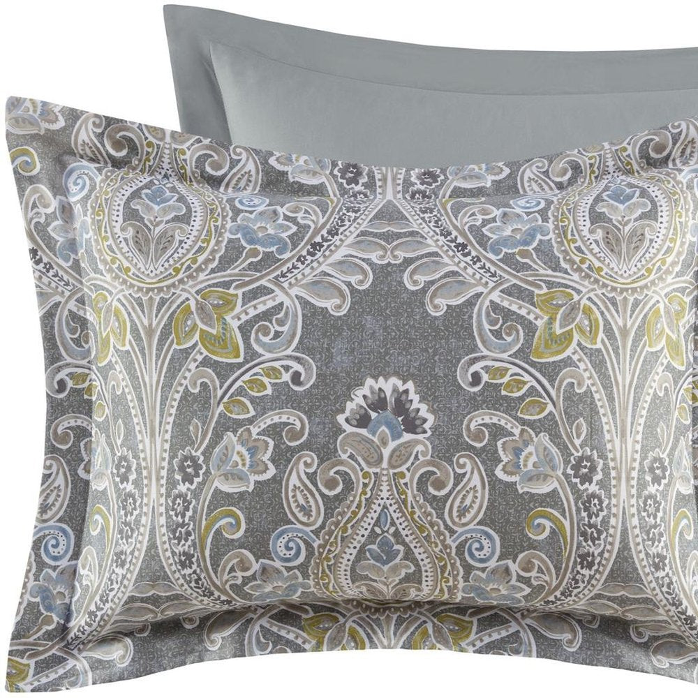 Set of Six Gray And Ivory Damask King Ring Stitch Sham And Comforter