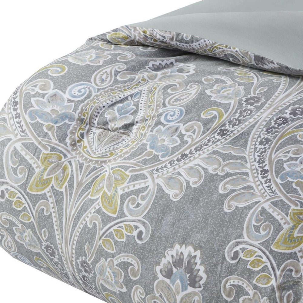 Set of Six Gray And Ivory Damask King Ring Stitch Sham And Comforter