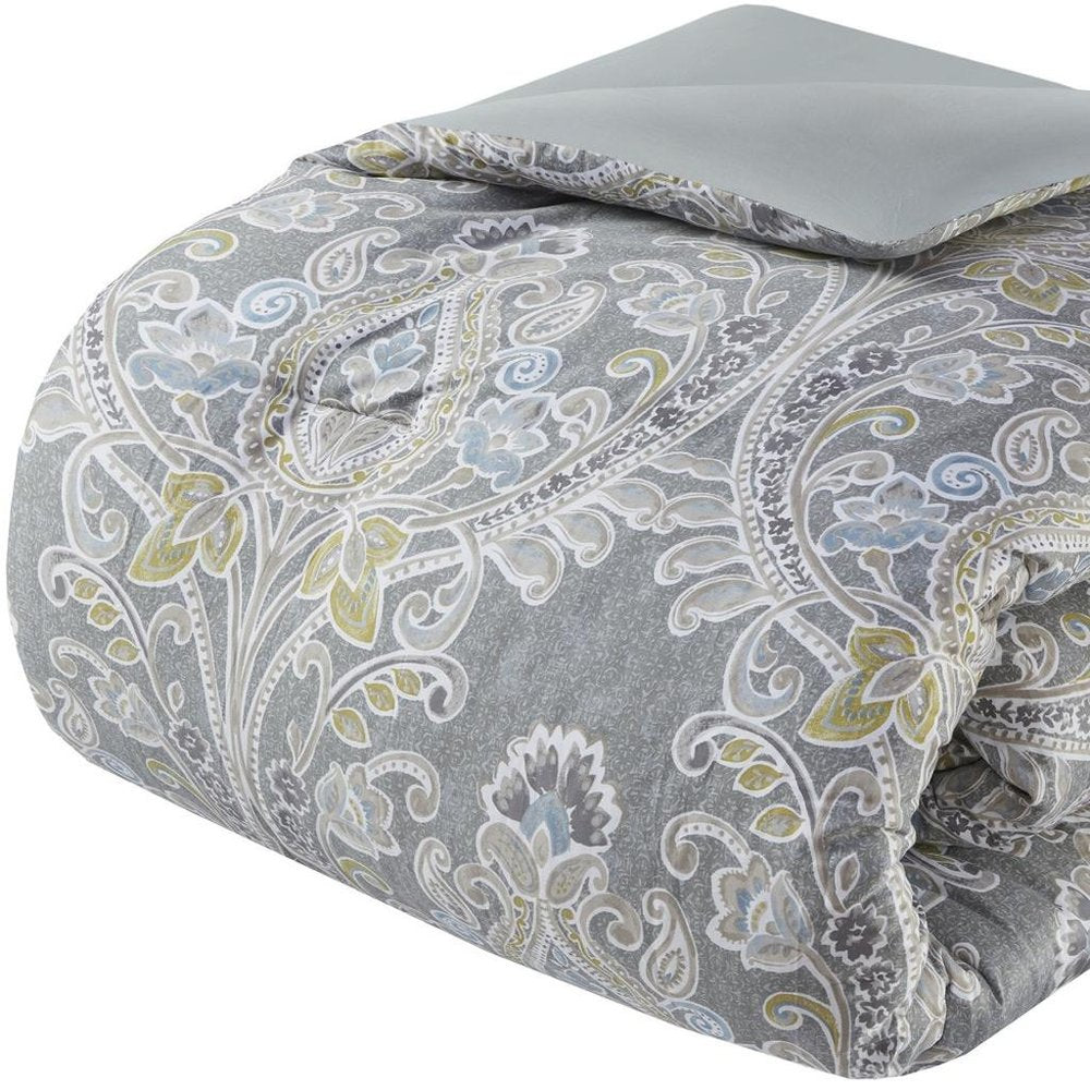 Set of Six Gray And Ivory Damask King Ring Stitch Sham And Comforter