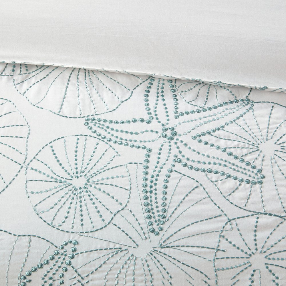 Set of Four White And Aqua King Ring Stitch Sham And Comforter