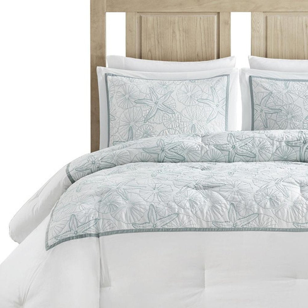 Set of Four White And Aqua King Ring Stitch Sham And Comforter