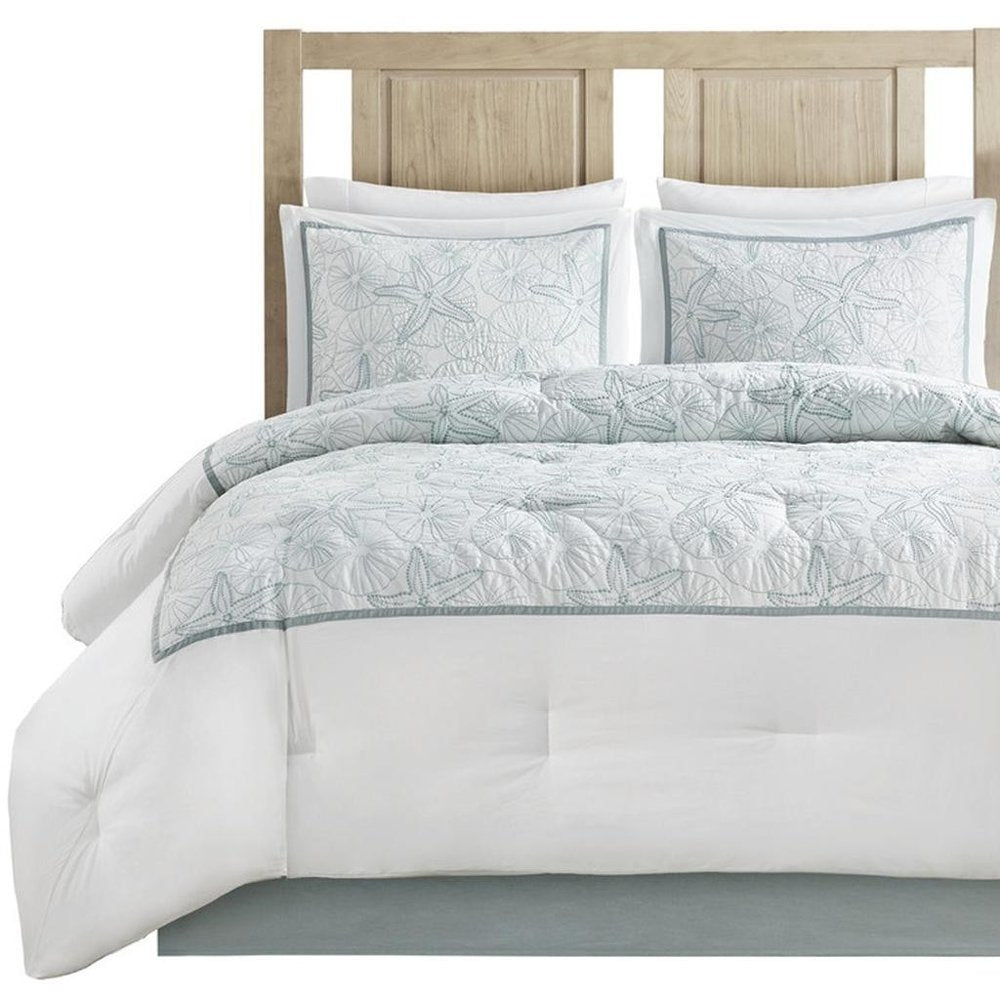 Set of Four White And Aqua King Ring Stitch Sham And Comforter