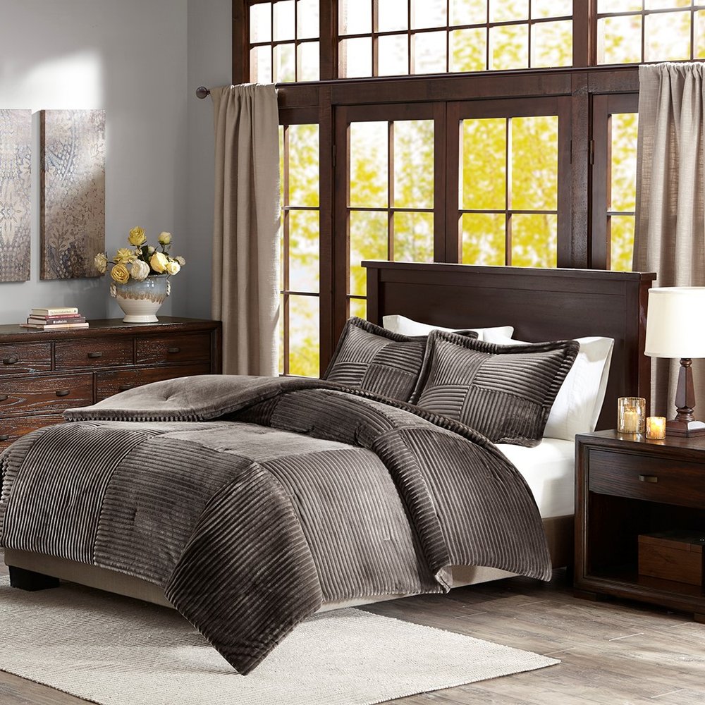 Set of Three Taupe Queen Ring Stitch Polyester Sham And Comforter