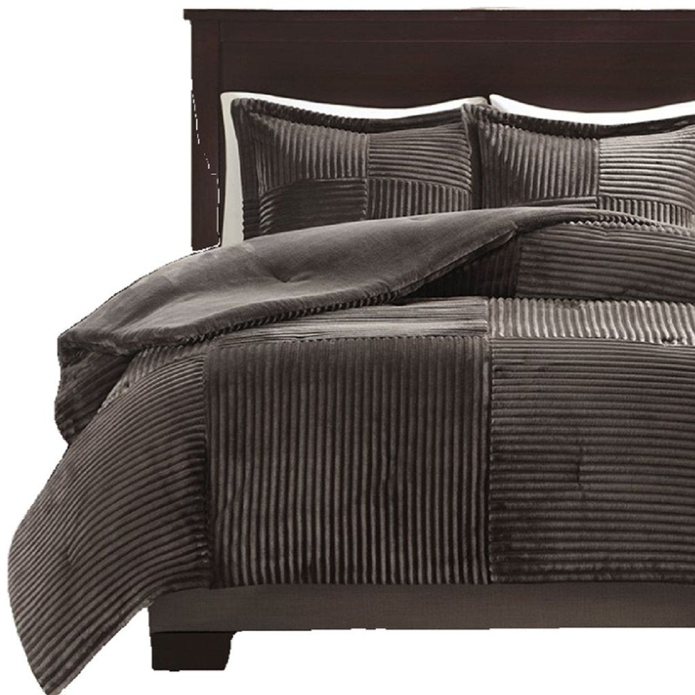 Set of Three Taupe Queen Ring Stitch Polyester Sham And Comforter