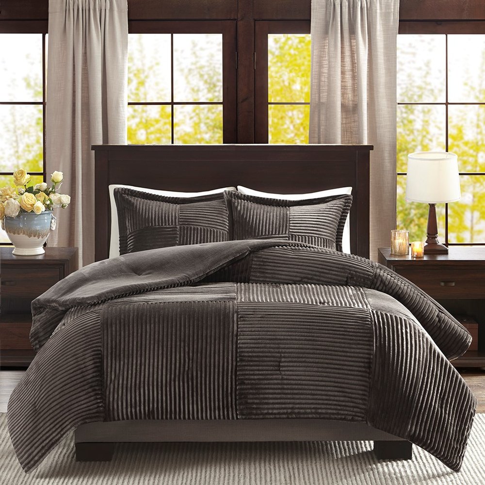 Set of Three Taupe Queen Ring Stitch Polyester Sham And Comforter