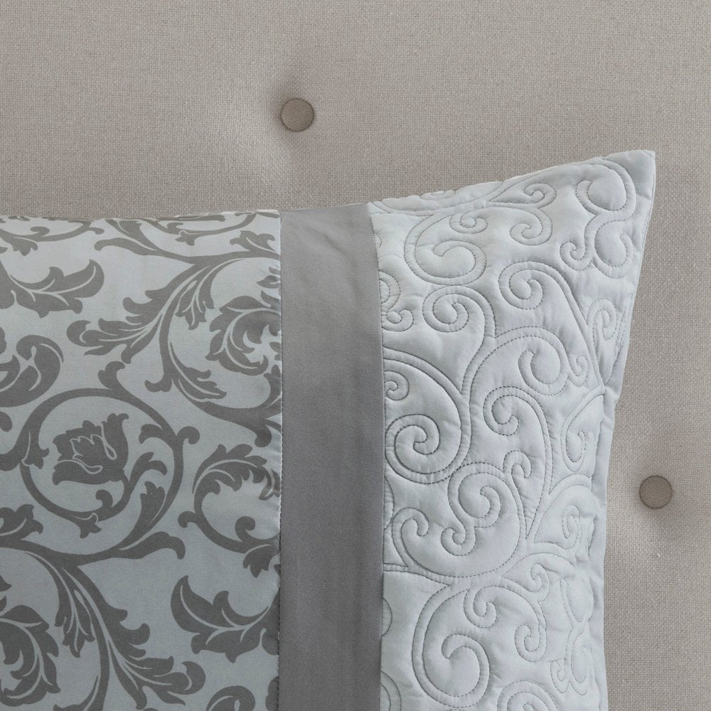 Set of Eight Gray And Ivory Damask Ring Stitch Polyester Sham And Comforter