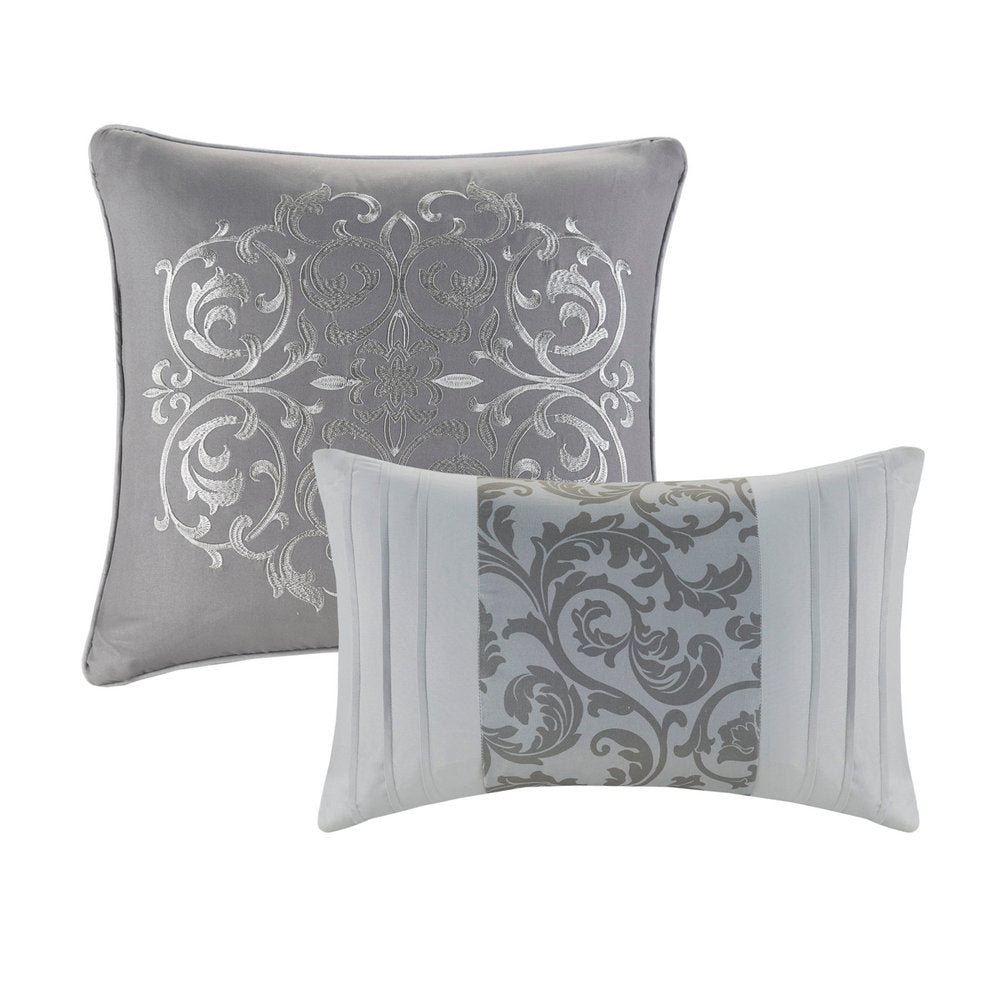 Set of Eight Gray And Ivory Damask Ring Stitch Polyester Sham And Comforter