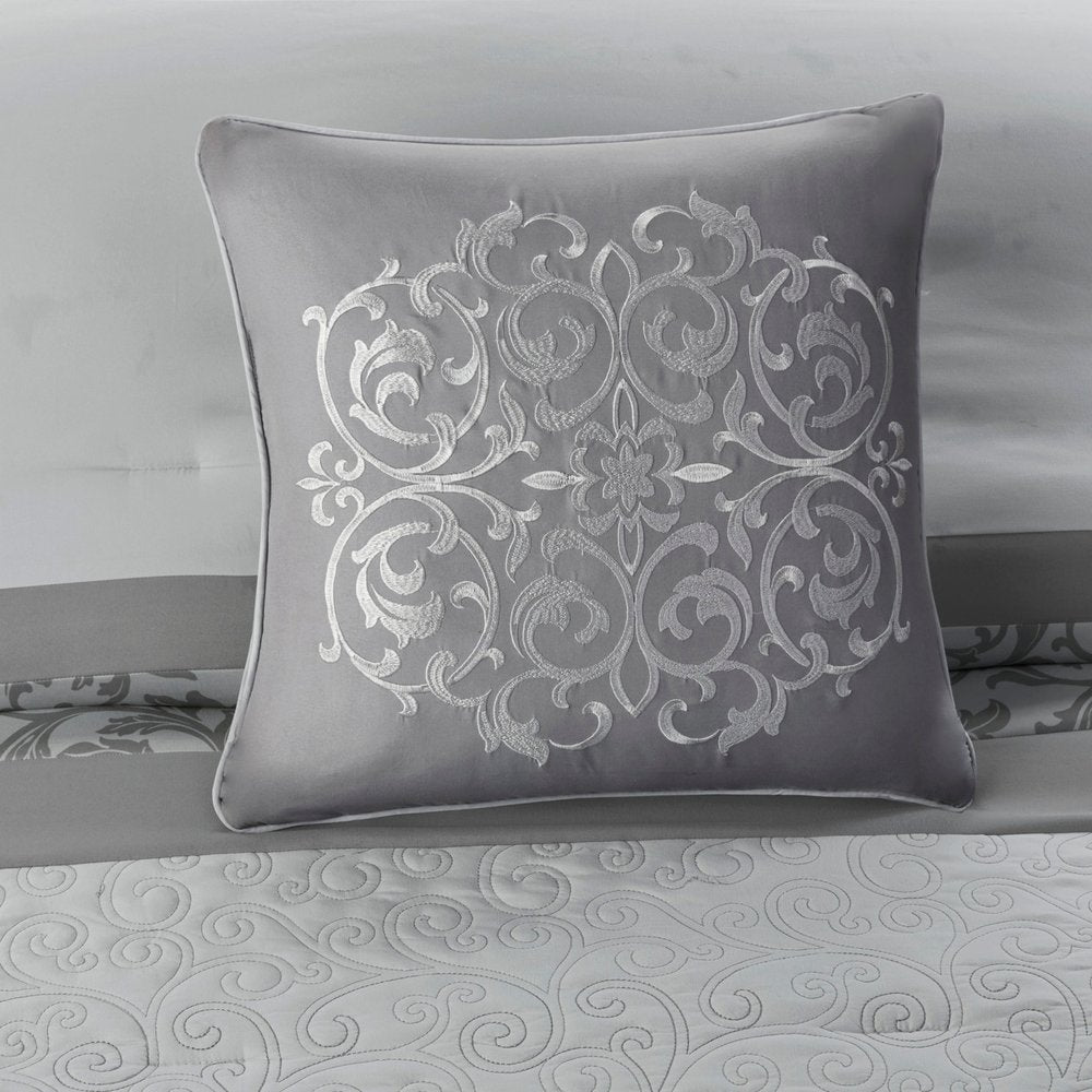 Set of Eight Gray And Ivory Damask Ring Stitch Polyester Sham And Comforter