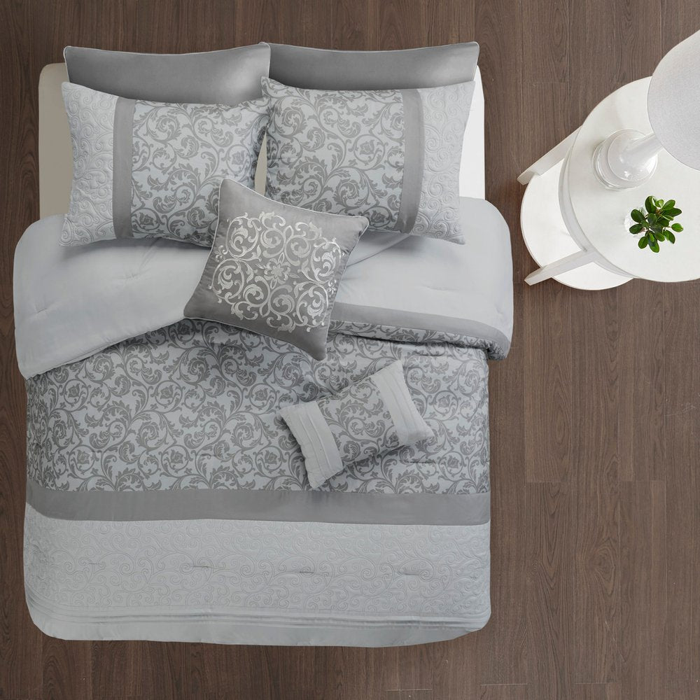 Set of Eight Gray And Ivory Damask Ring Stitch Polyester Sham And Comforter