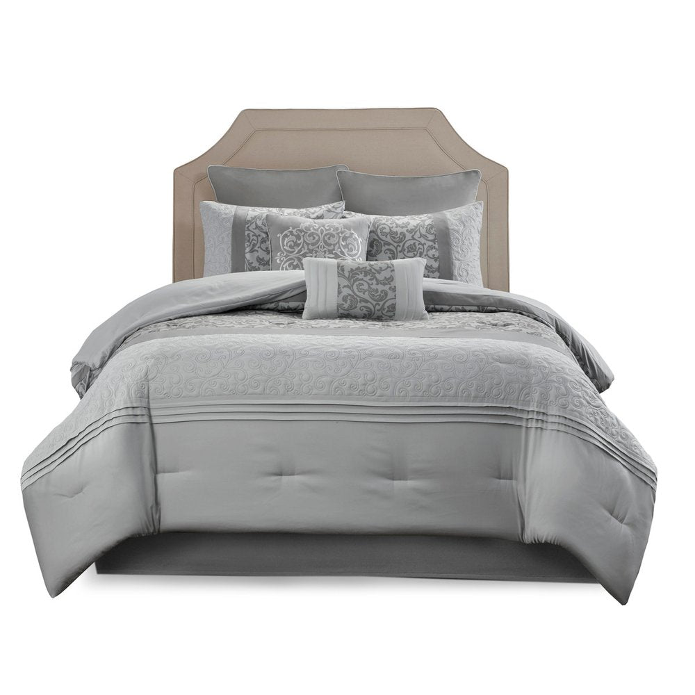 Set of Eight Gray And Ivory Damask Ring Stitch Polyester Sham And Comforter