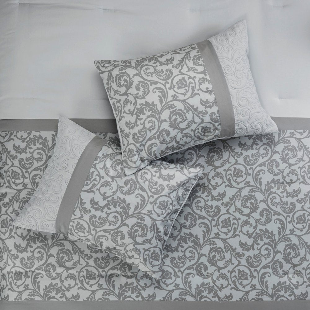 Set of Eight Gray And Ivory Damask Ring Stitch Polyester Sham And Comforter