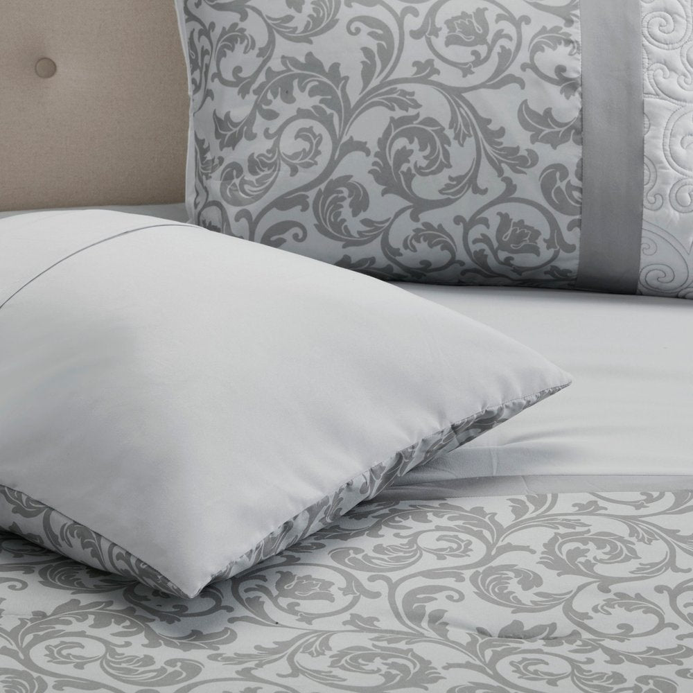 Set of Eight Gray And Ivory Damask Ring Stitch Polyester Sham And Comforter