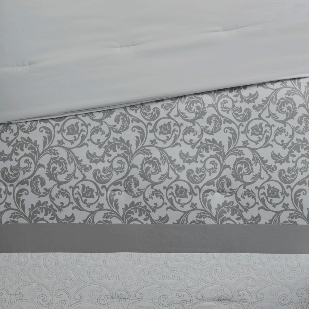 Set of Eight Gray And Ivory Damask Ring Stitch Polyester Sham And Comforter