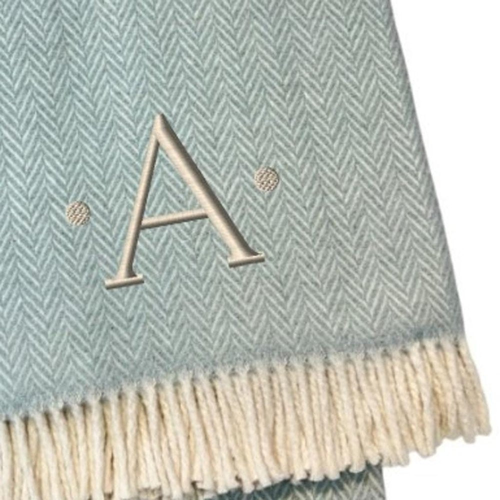 55" X 70" Sky Blue And White Herringbone Cotton Blend S Initial Throw Blanket with Tassels And Embroidery