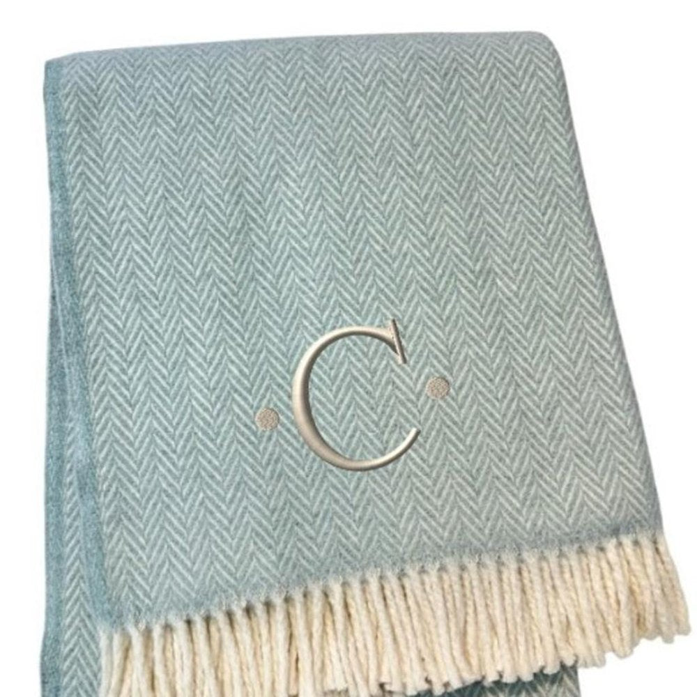 55" X 70" Sky Blue And White Herringbone Cotton Blend S Initial Throw Blanket with Tassels And Embroidery