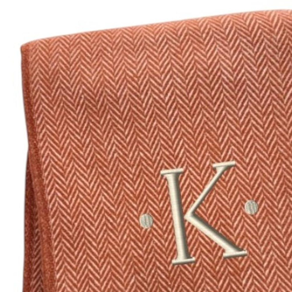 55" X 70" Terra Cotta And White Herringbone Cotton Blend S Initial Throw Blanket with Tassels And Embroidery
