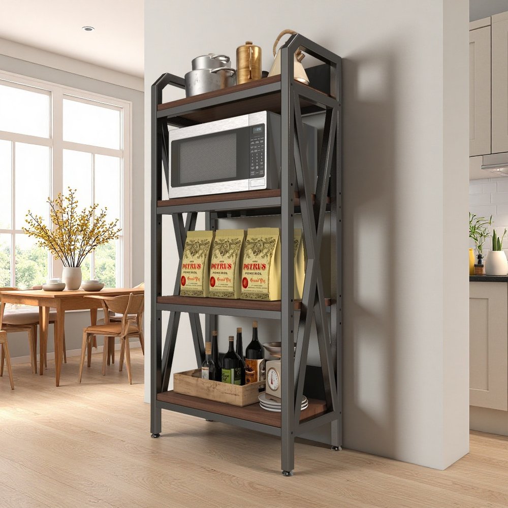56" Black And Brown Metal and Wood Four Tier Etagere Bookcase