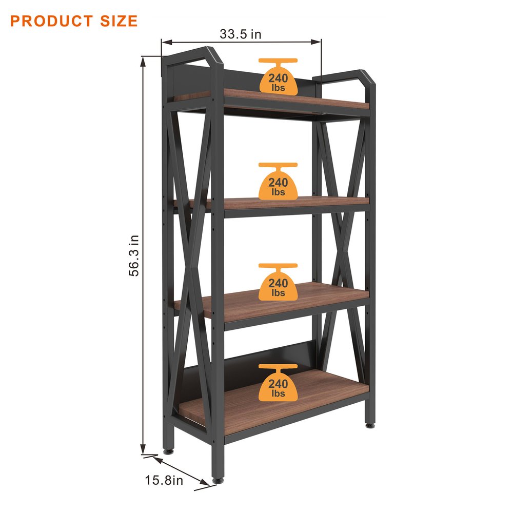 56" Black And Brown Metal and Wood Four Tier Etagere Bookcase