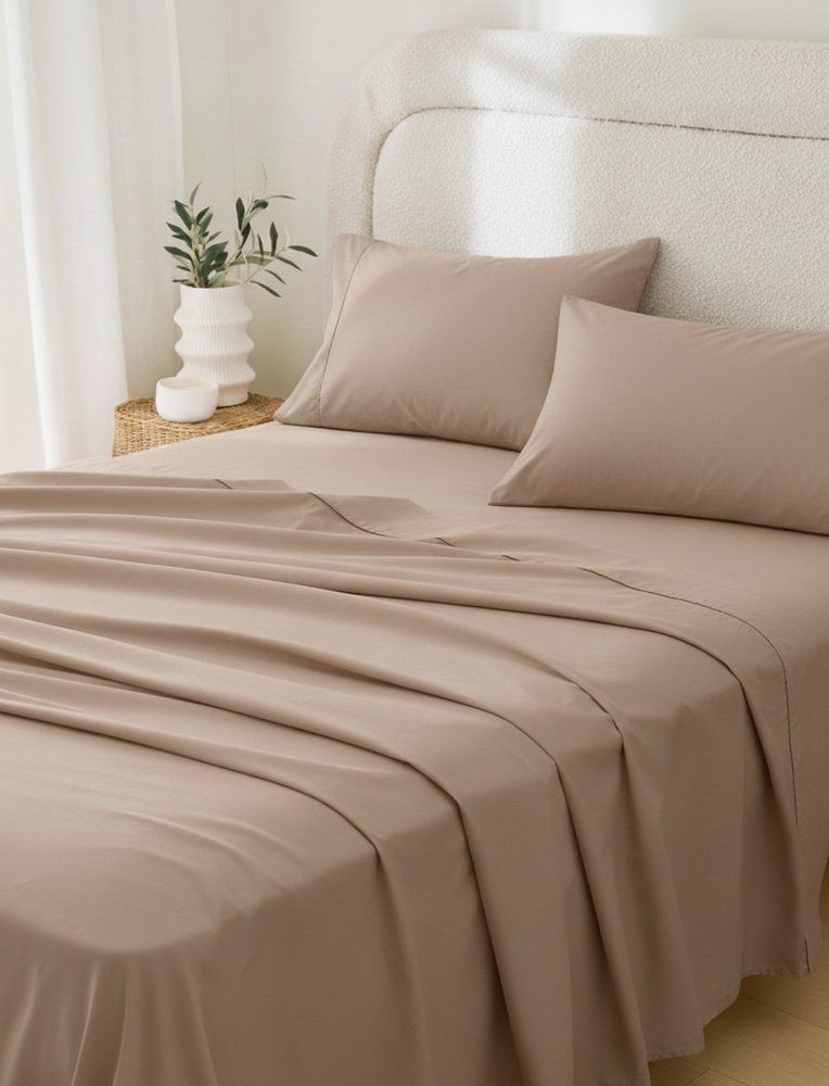 Four Piece Light Brown Cotton Queen Sheet Set