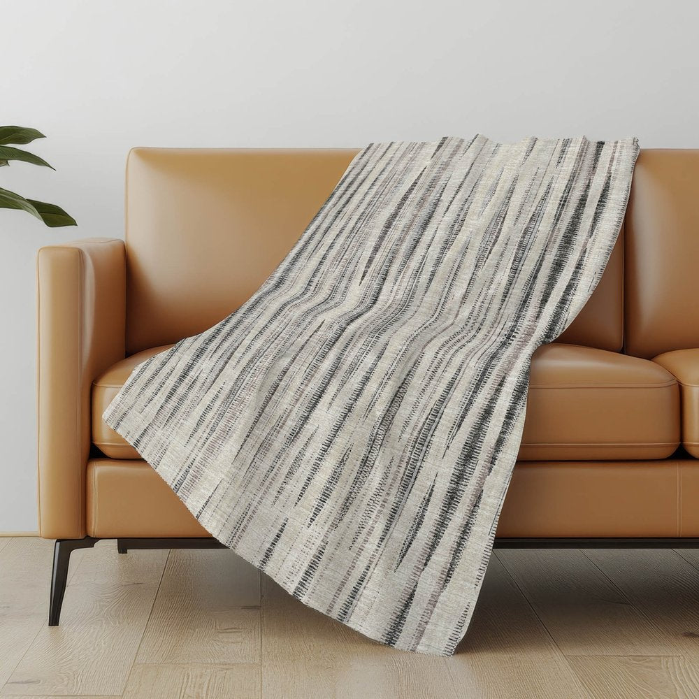 50" X 70" Beige And Charcoal Striped Microfiber Plush Throw Blanket