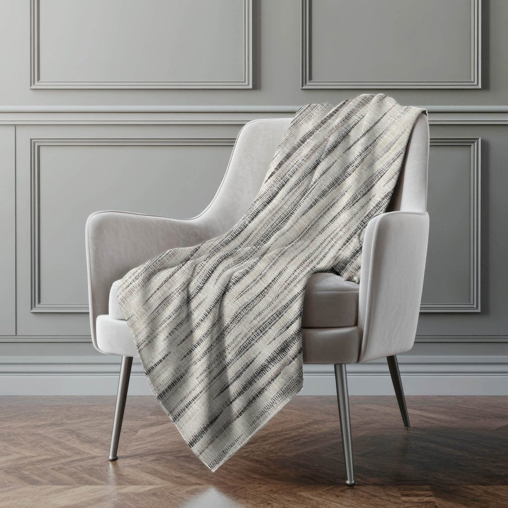 50" X 70" Beige And Charcoal Striped Microfiber Plush Throw Blanket