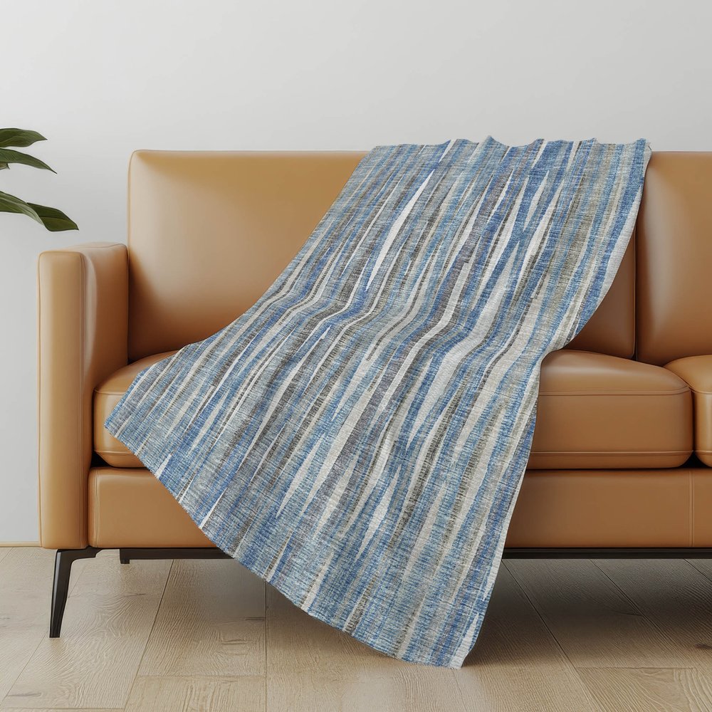 50" X 70" Blue And Beige Striped Microfiber Plush Throw Blanket
