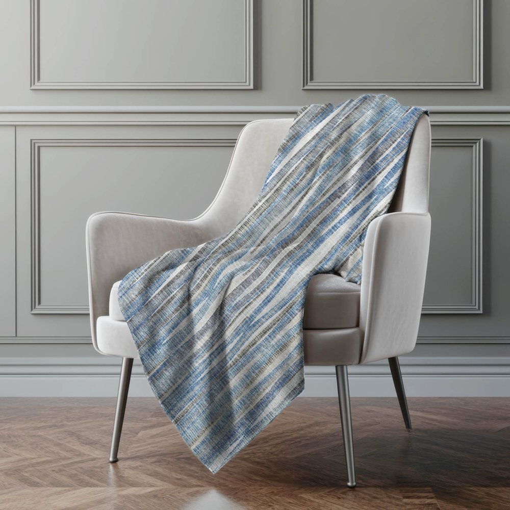 50" X 70" Blue And Beige Striped Microfiber Plush Throw Blanket