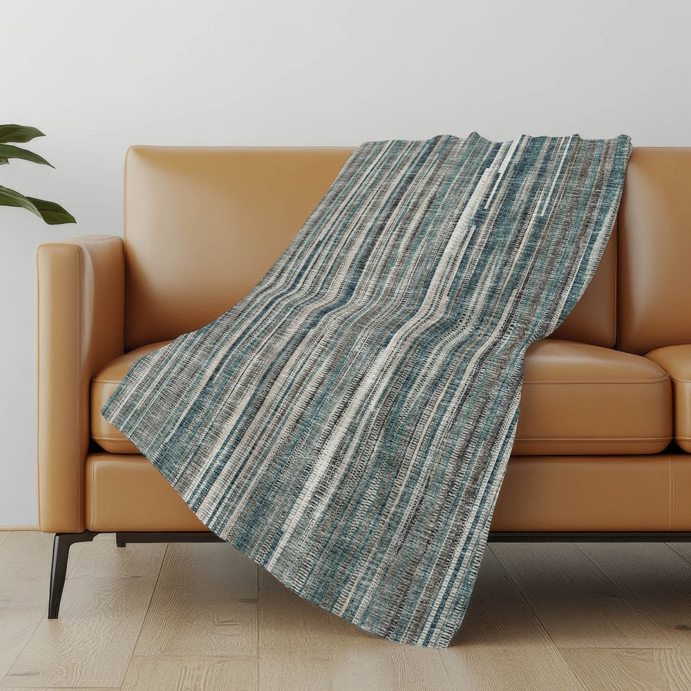 50" X 70" Ivory And Blue Striped Microfiber Plush Throw Blanket