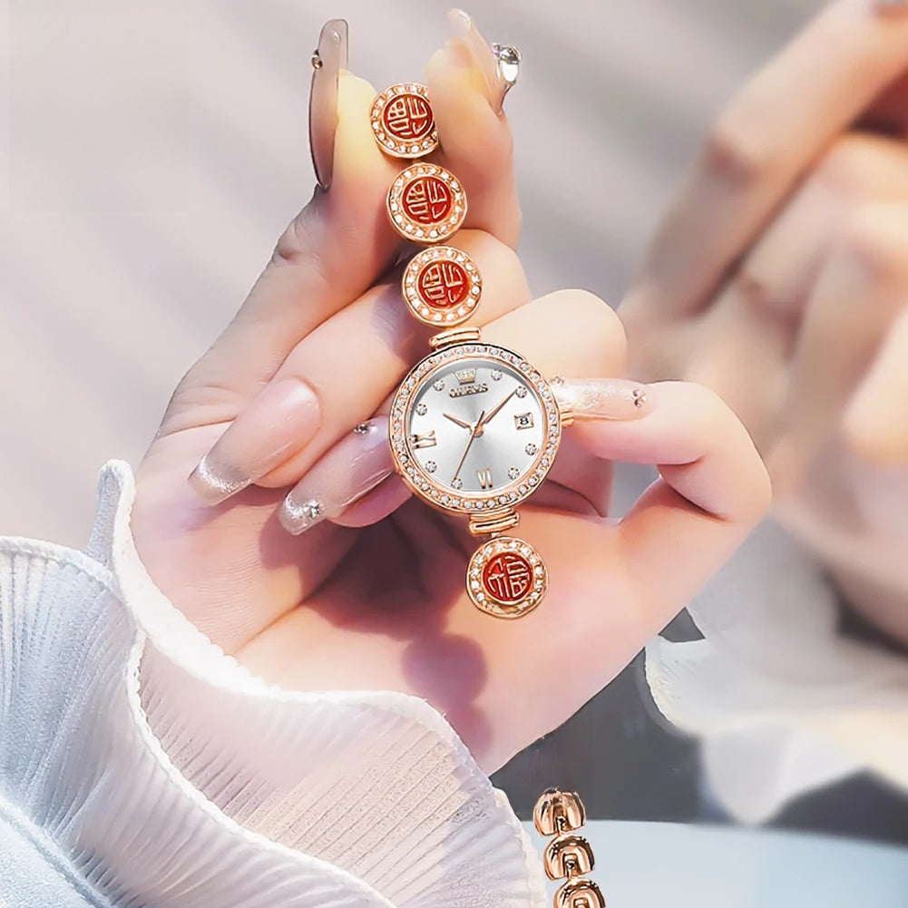 Women's Elegant Bracelet Quartz Watch Red Dial Waterproof