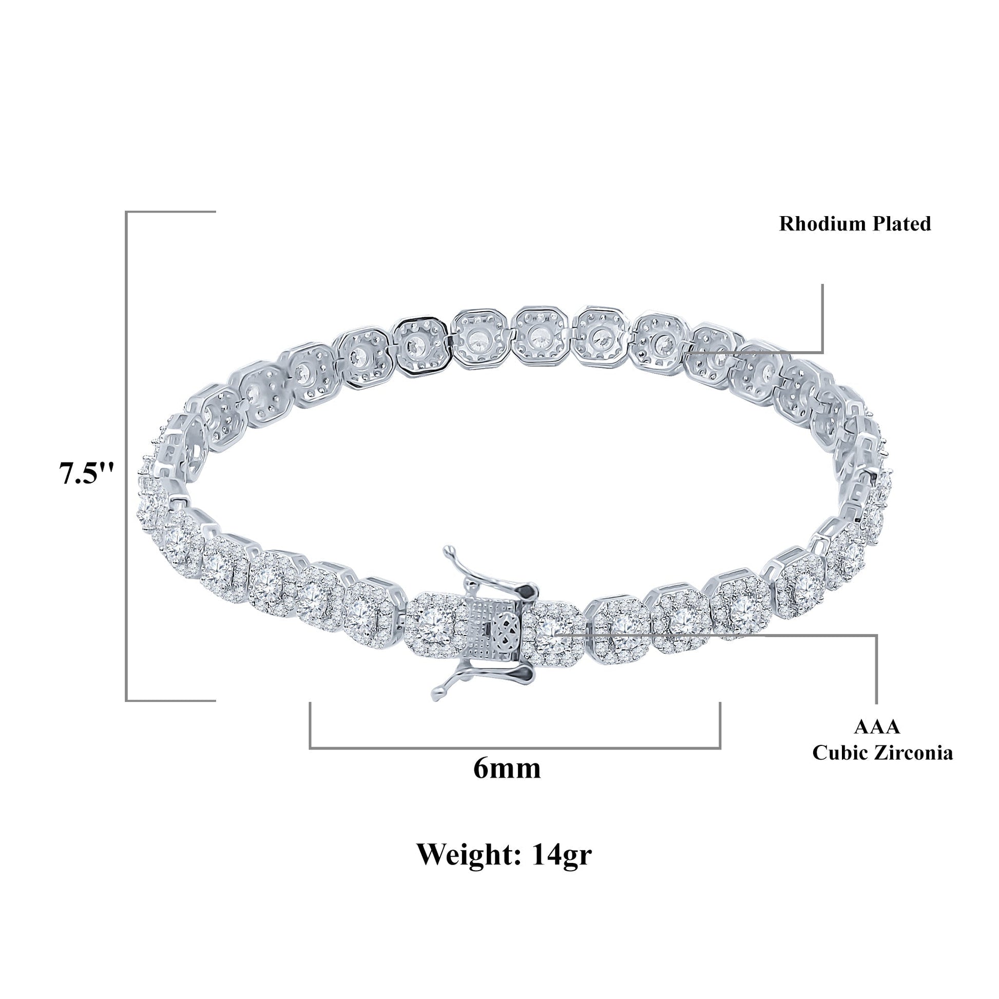 6mm Square CZ Tennis Bracelet Rhodium Plated 7.5 Inch