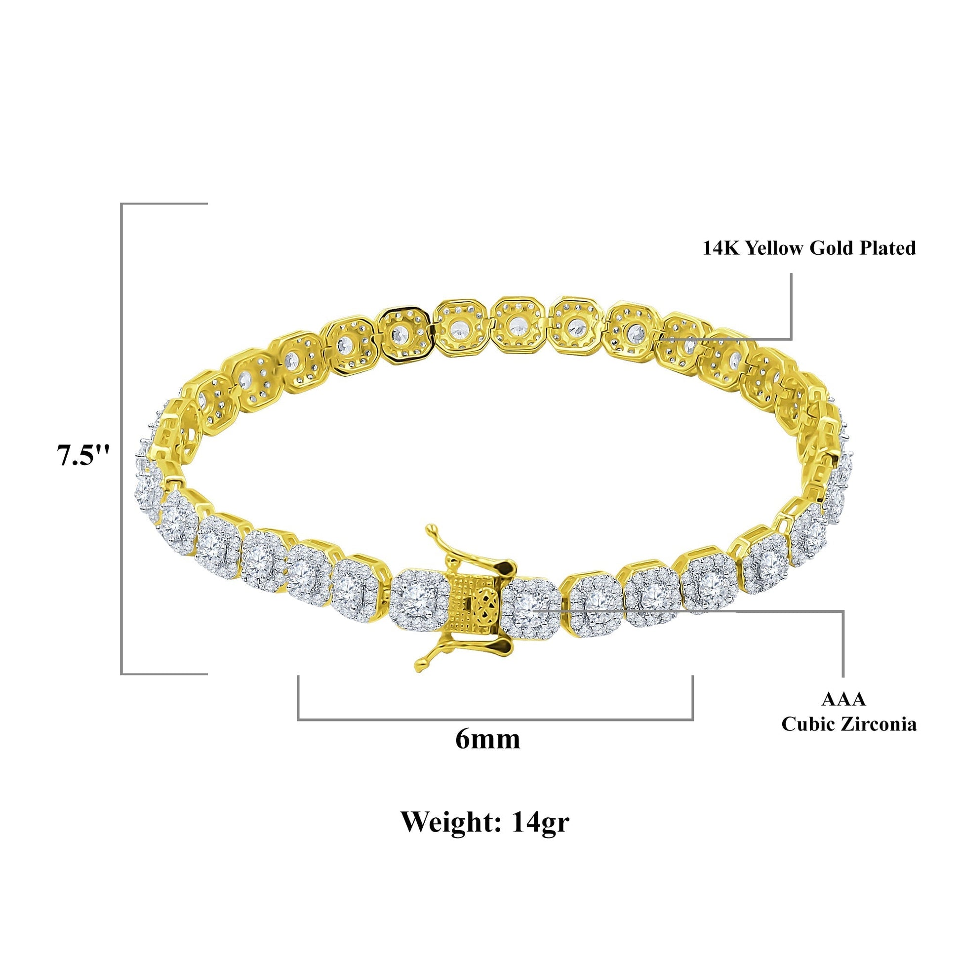 6mm Square CZ Tennis Bracelet Rhodium Plated 7.5 Inch
