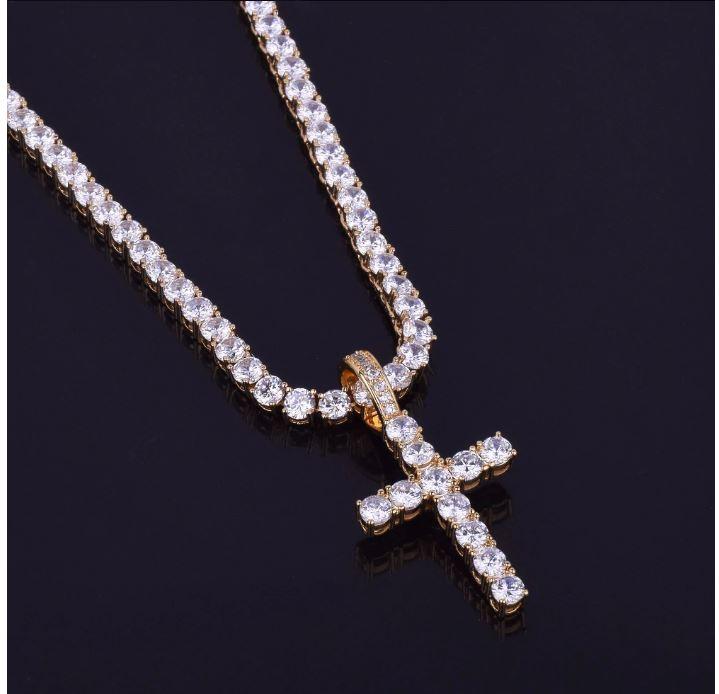 6mm Tennis Choker Necklace Pave Cross Pendant Gold Sparkle