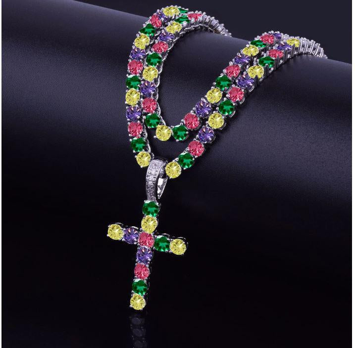 6mm Tennis Choker Necklace Pave Cross Pendant Gold Sparkle