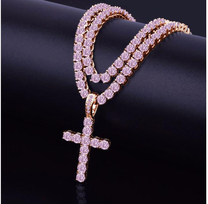 6mm Tennis Choker Necklace Pave Cross Pendant Gold Sparkle