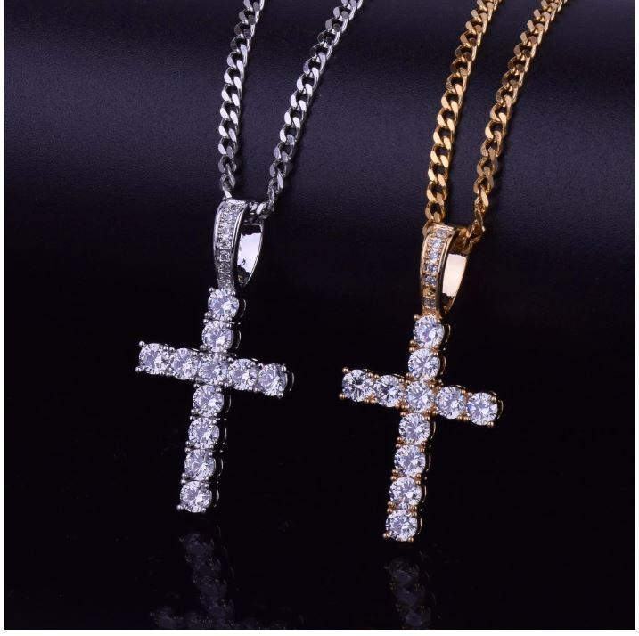 6mm Tennis Choker Necklace Pave Cross Pendant Gold Sparkle