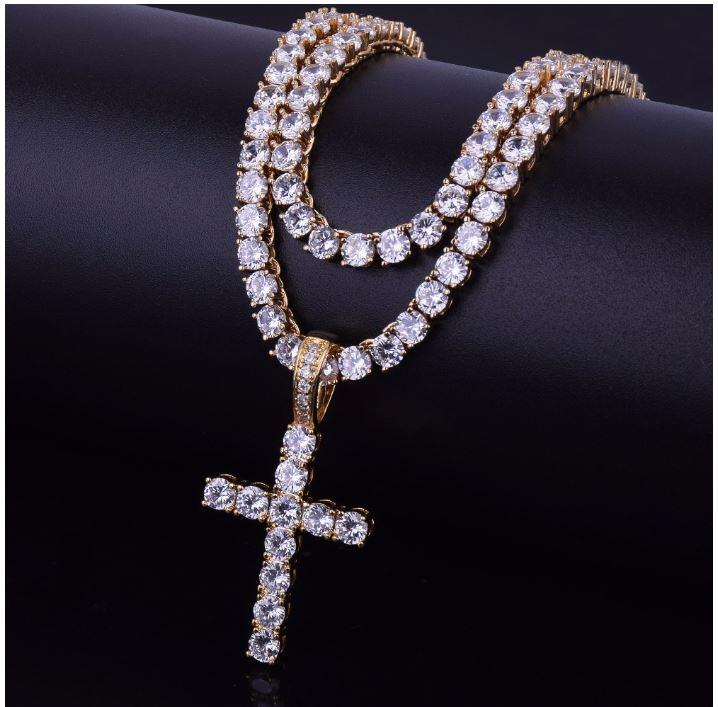 6mm Tennis Choker Necklace Pave Cross Pendant Gold Sparkle