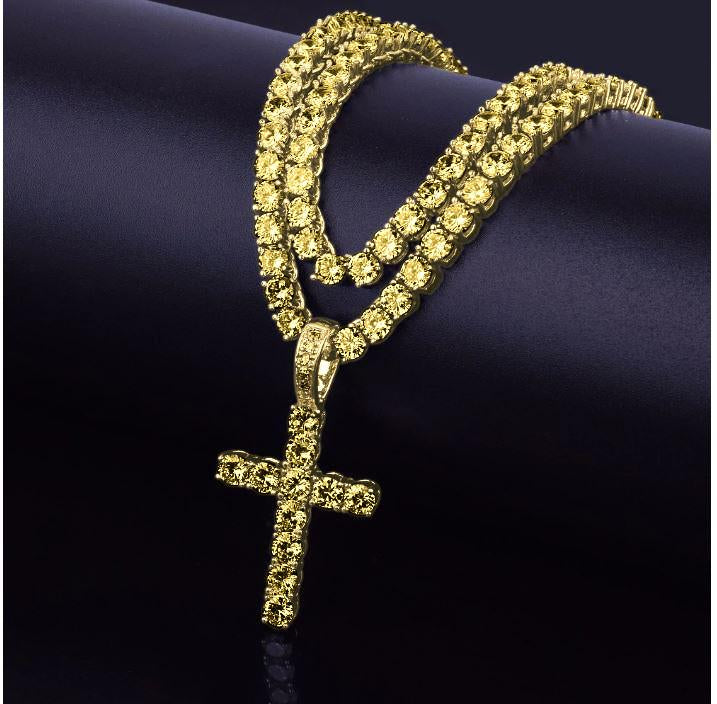 6mm Tennis Choker Necklace Pave Cross Pendant Gold Sparkle