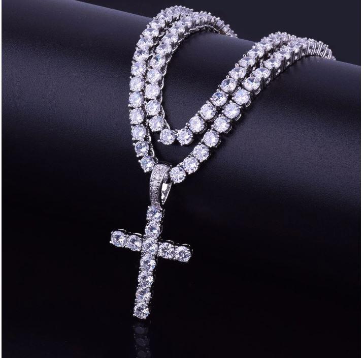 6mm Tennis Choker Necklace Pave Cross Pendant Gold Sparkle