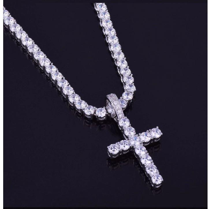 6mm Tennis Choker Necklace Pave Cross Pendant Gold Sparkle