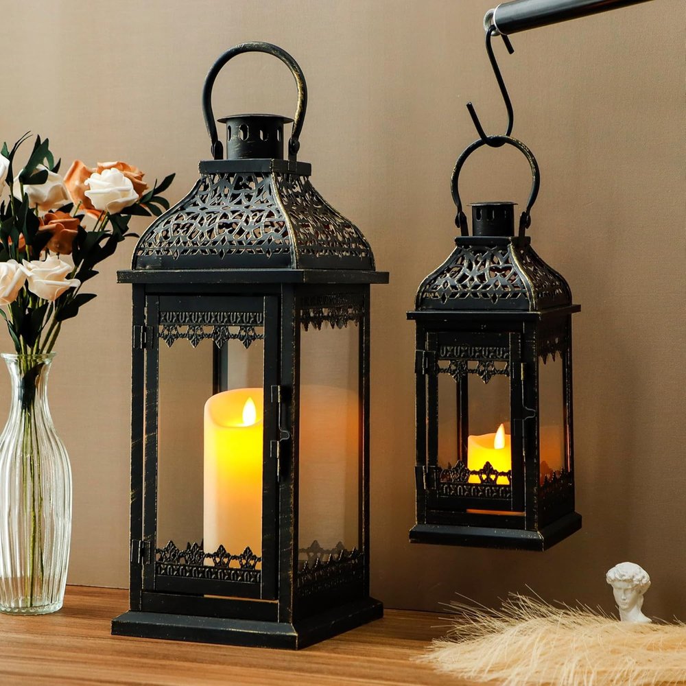 Set of Two Clear And Black Glass And Metal Tabletop Lantern Candle Holders