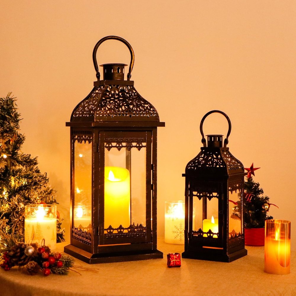 Set of Two Clear And Black Glass And Metal Tabletop Lantern Candle Holders