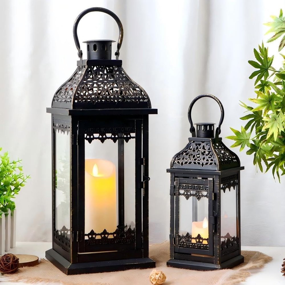Set of Two Clear And Black Glass And Metal Tabletop Lantern Candle Holders